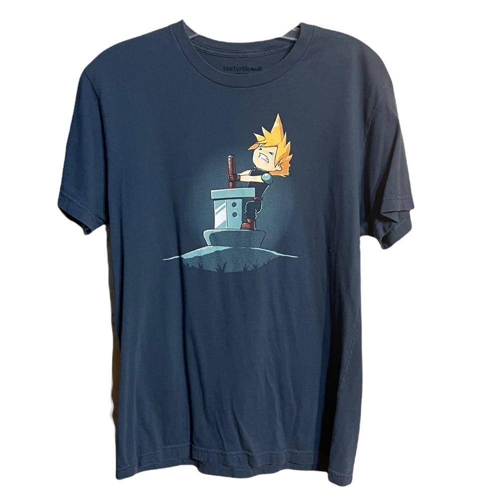 Tee Turtle Dusty Blue Anime Boy Pulling Stick Shirt EUC Sz S
